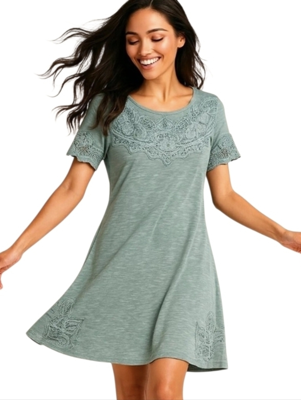 Soft Surroundings Tiki Town Pale Green Embroidered Boho Hippie Dress. SZ Large P